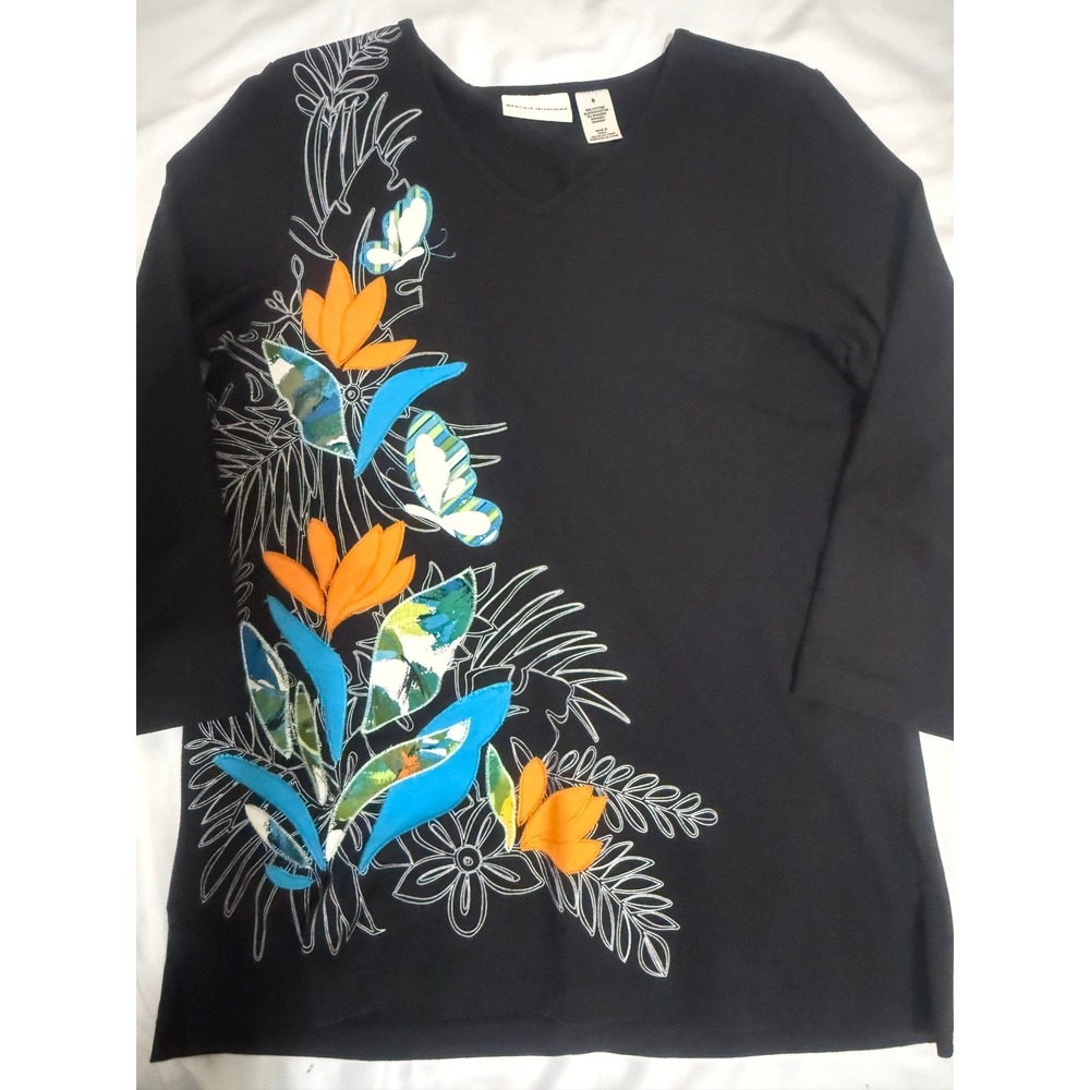 Alfred Dunner Womens Black Floral Butterfly V-Neck 3/4 Sleeve Top Small Cotton